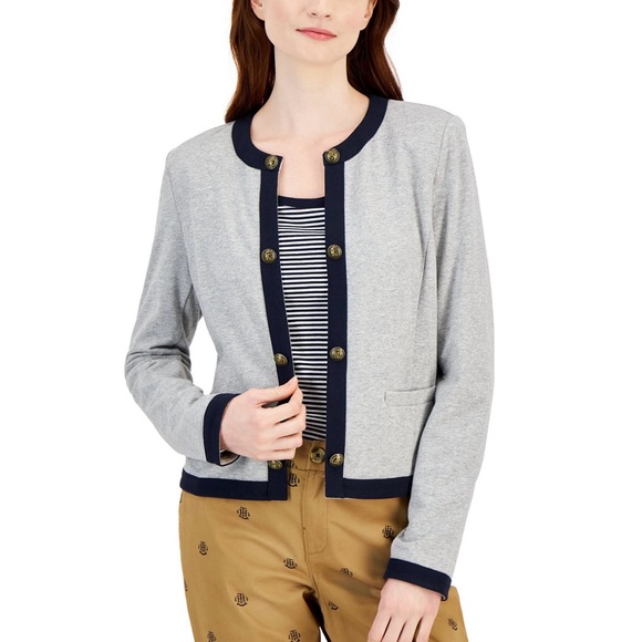 Tommy Hilfiger Gray Navy Trim Button Cardigan Jacket Size L Nautical Preppy Chic - Picture 1 of 5